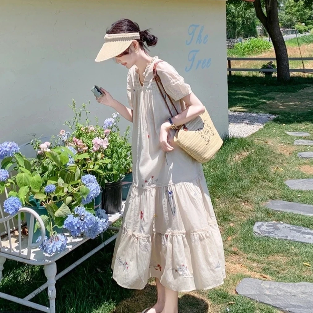 珩绣超好看复古V领重工刺绣度假连衣裙新款女夏仙女裙JR20458