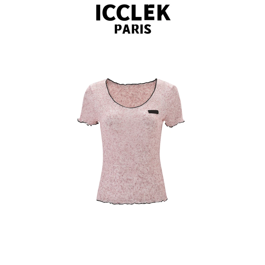 ICCLEK 粉色圆领撞色短袖薄款针织衫气质减龄百搭显瘦甜美 - 5632