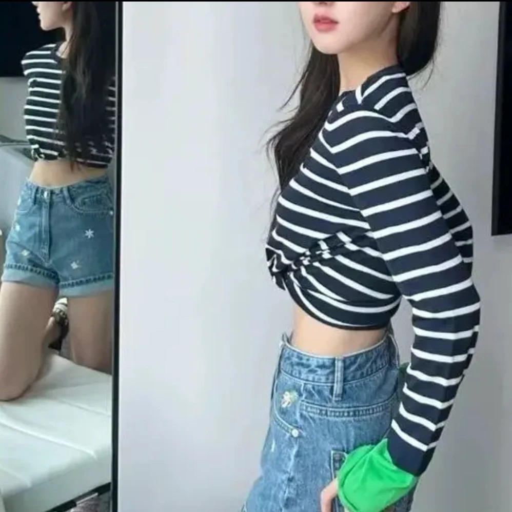 LANGTU-DF【散步日记】撞色春款百搭休闲条纹针织长袖T恤  00187