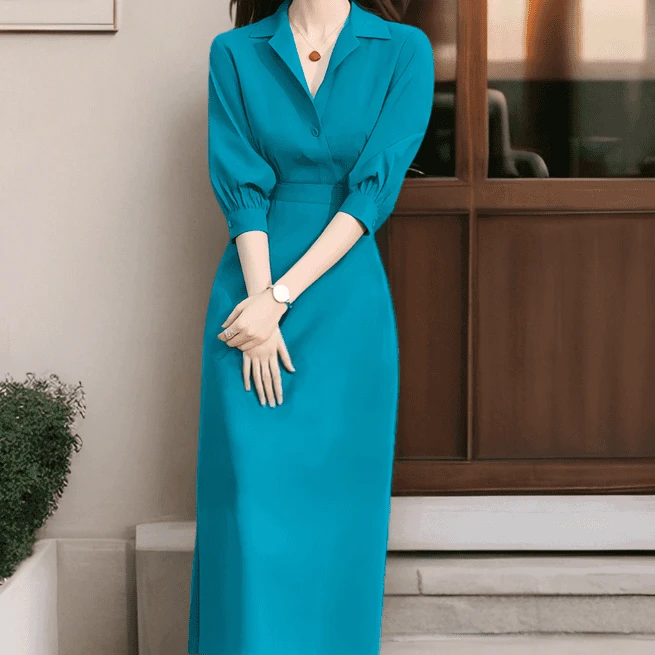 2025春夏气质女神孔雀蓝泡泡袖收腰衬衫高级感连衣裙