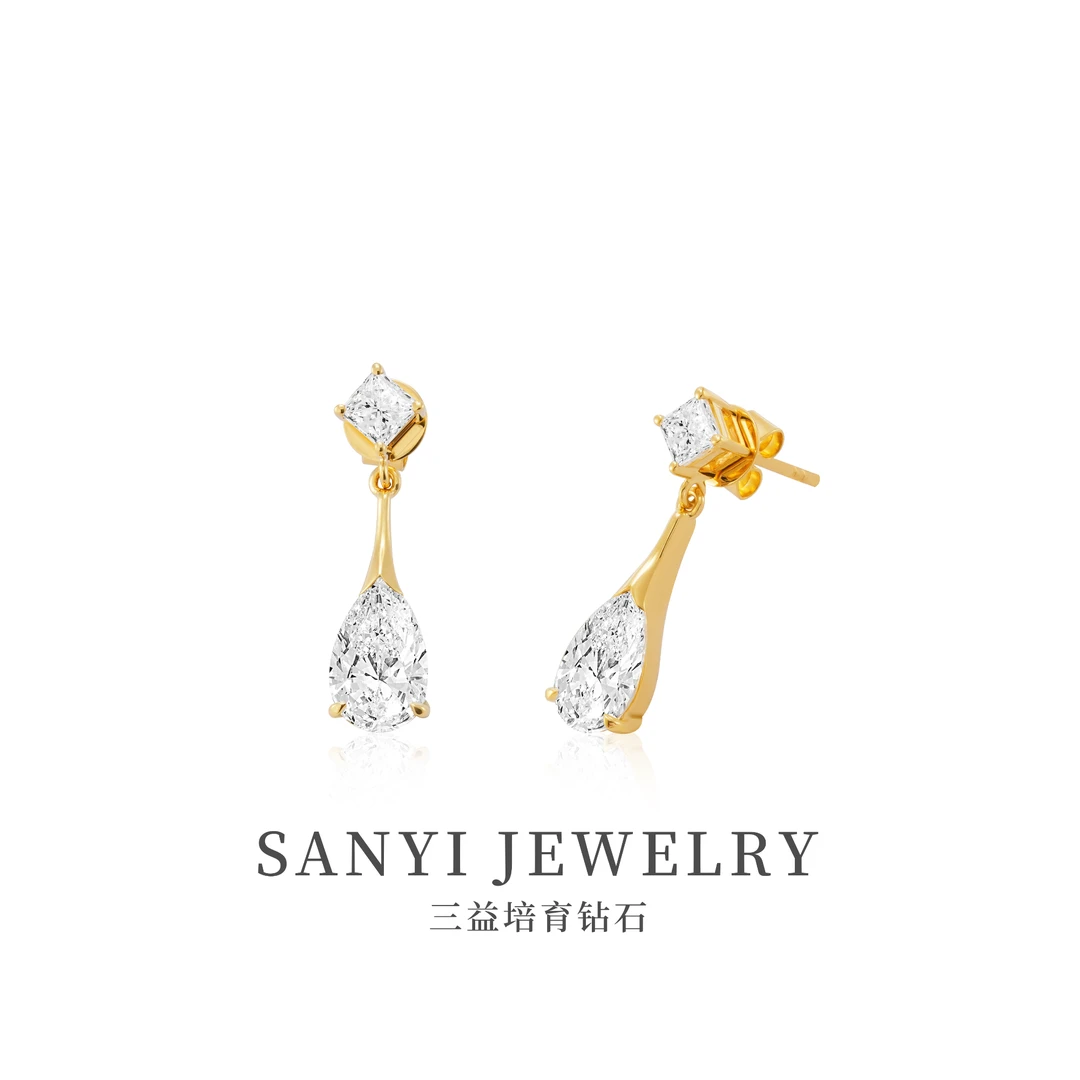 三益珠宝18K金【水滴1卡+公主方+耳钉】轻奢时尚耳坠设计师耳饰