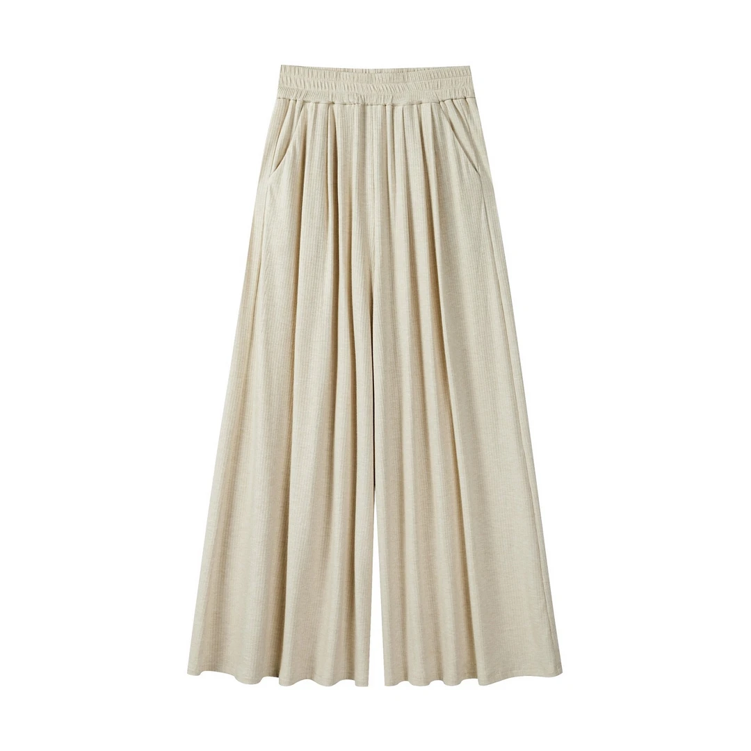 羊城故事-粉色肌理感松紧垂感长裤高腰阔腿裤百搭休闲裤Y50752433