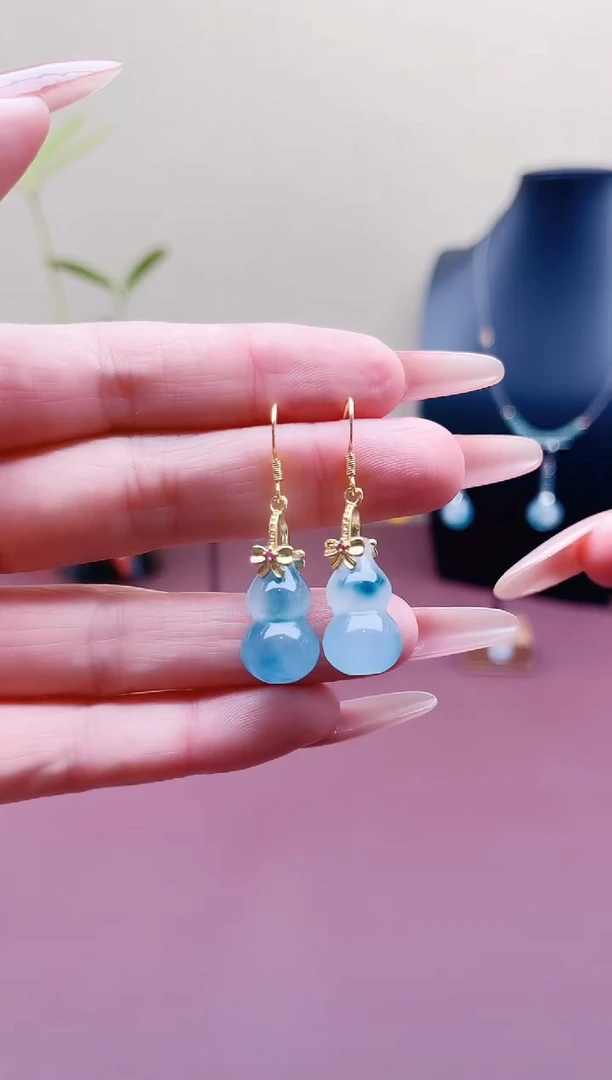 未镶嵌石英质玉（天山翠）耳饰00葫芦蓝水飘花