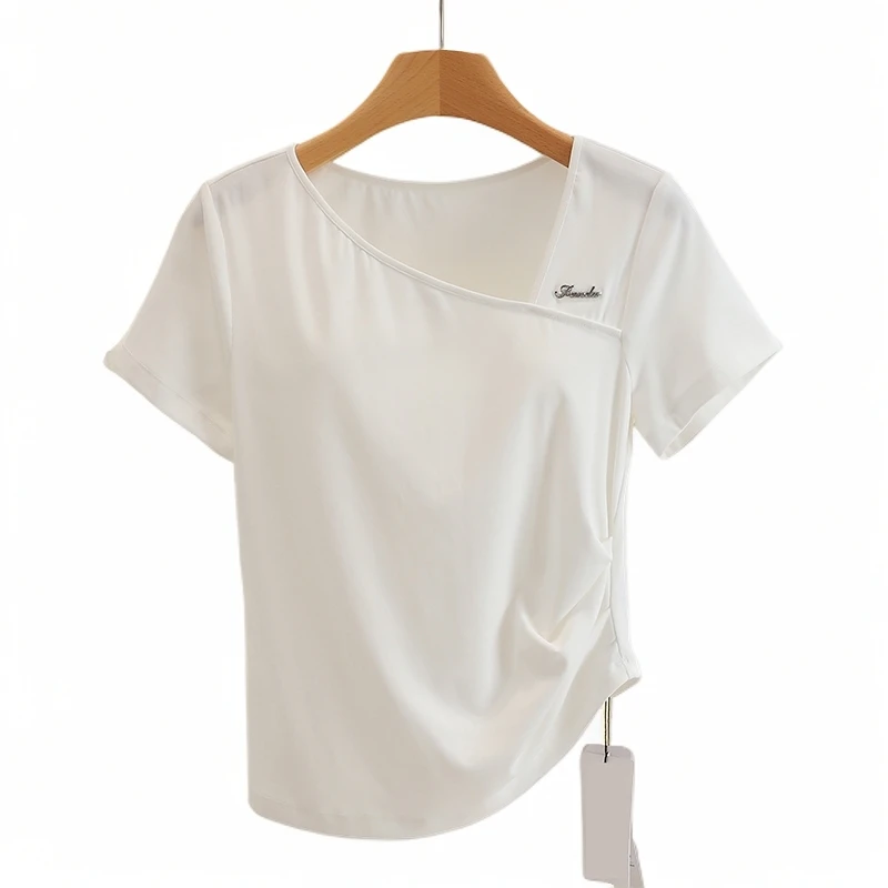 F662-【序】不规则修身褶皱斜领短袖T恤#BHX56X016