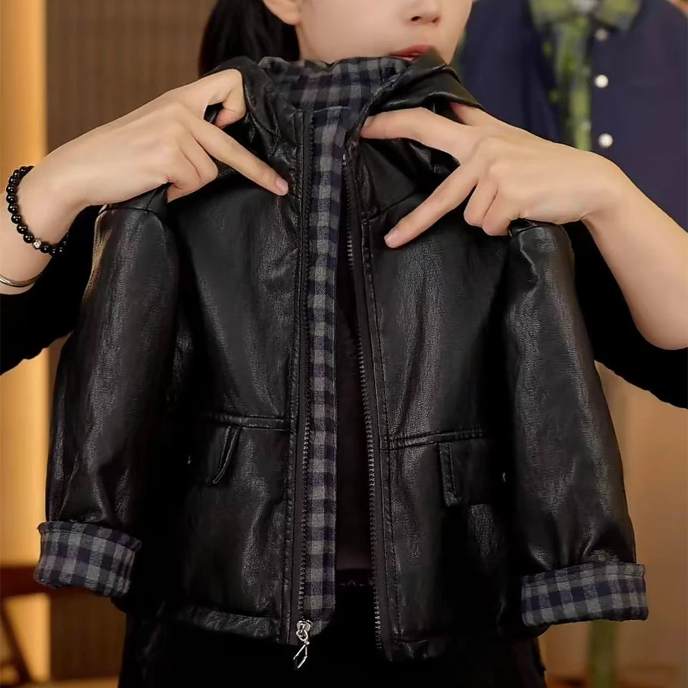 男童2025新款冬季加绒外套男女通用连帽女童夹棉加厚皮衣夹克上衣