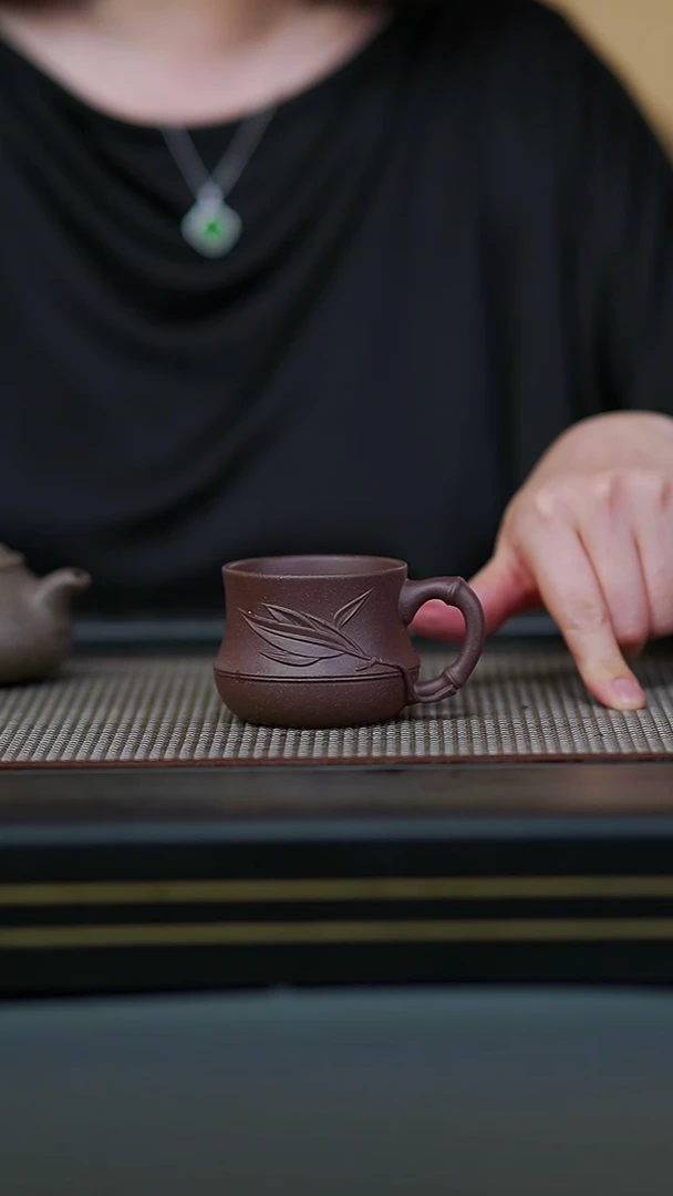 茶壶紫砂04-一号紫泥竹节把手杯90cc