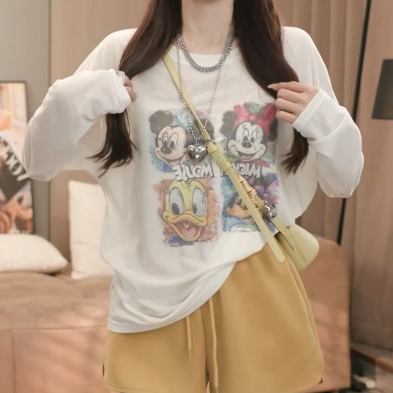 夏季新款宽松防晒卡通百搭长袖圆领印花减龄休闲T恤时尚ins白色