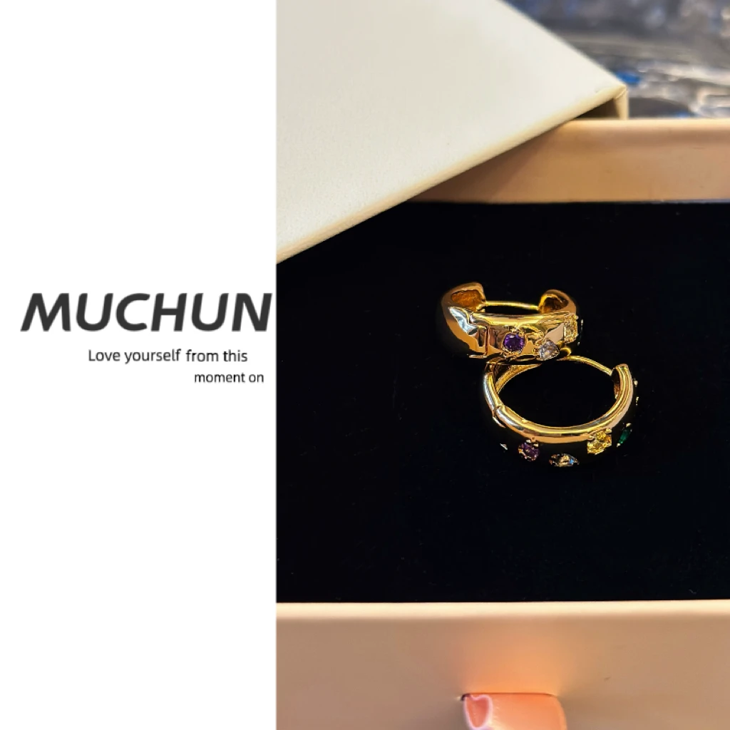 慕纯 铜合金耳饰 MUCHUN多彩复古耳圈耳扣小众高级设计感金色耳环