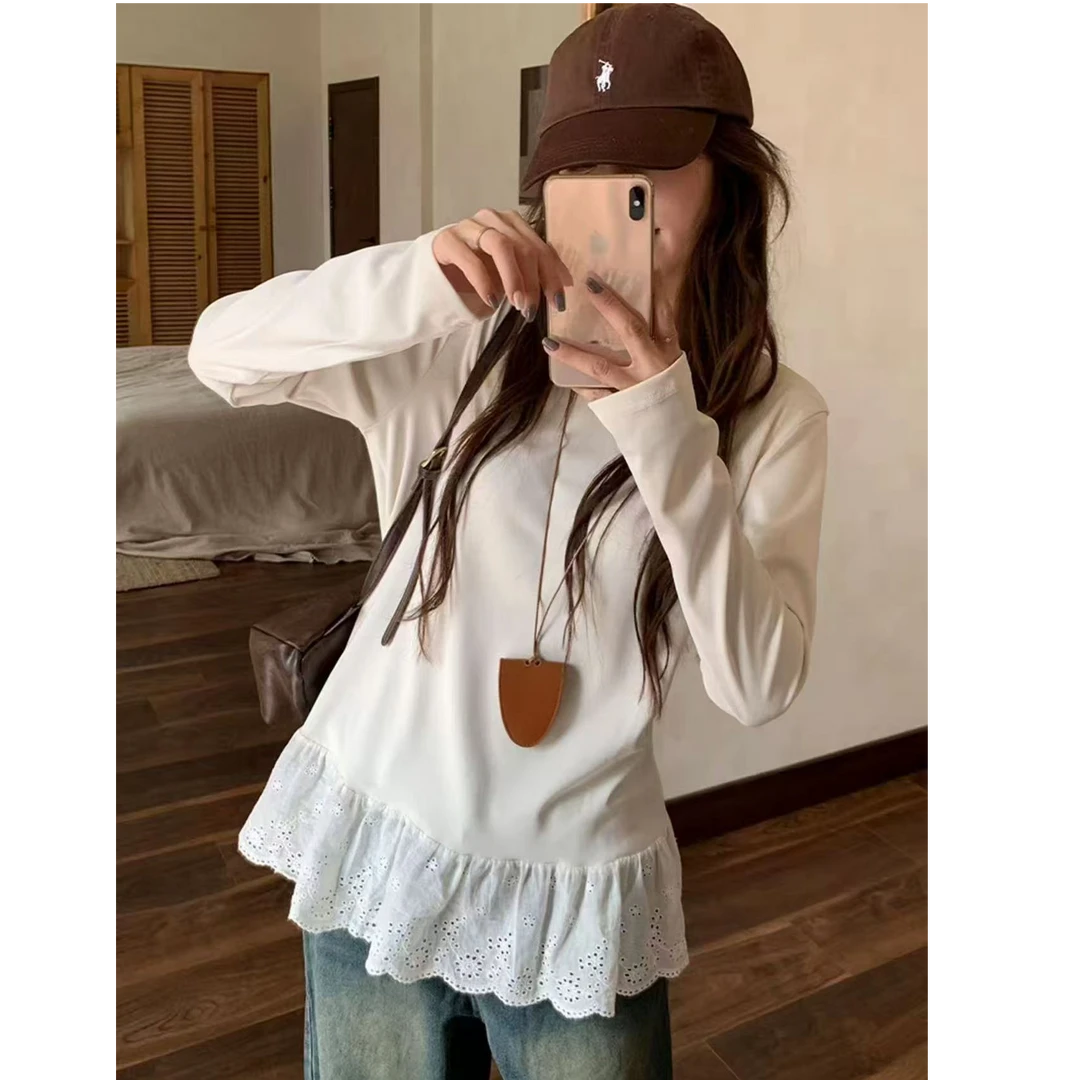 韩系蕾丝拼接长袖t恤女秋冬2025新款宽松显瘦磨毛打底衫yxx99923