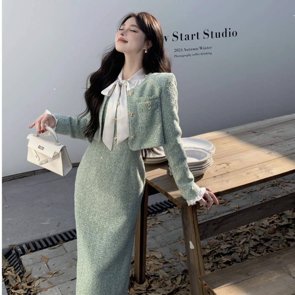 【ZY】大码女装小香风套装秋冬气质设计感外套+吊带连衣裙两件套