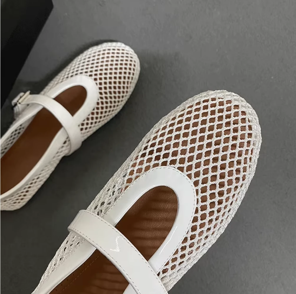 小众法式复古风一字带网面芭蕾舞鞋女平底简约舒适休闲镂空渔网鞋