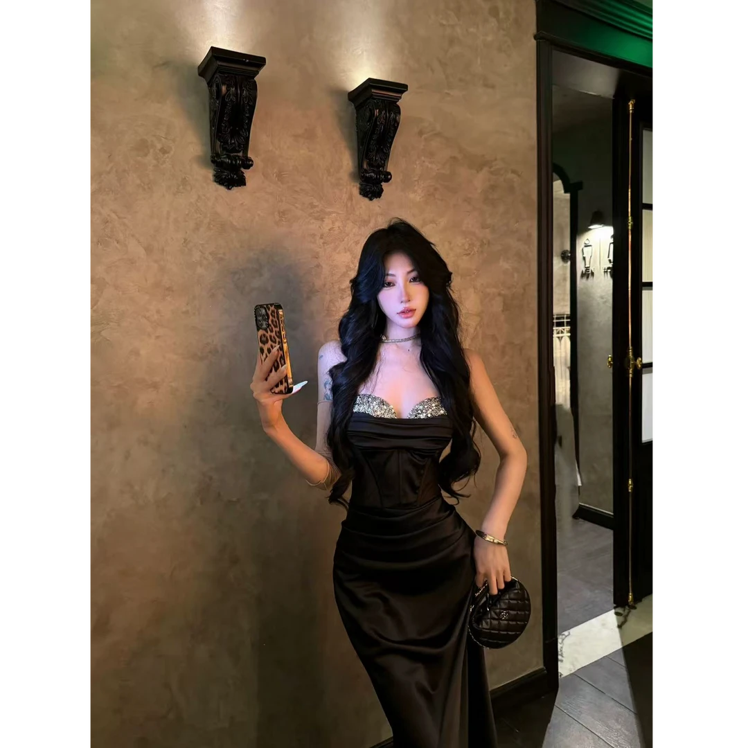 【暗夜精灵】法式轻奢名媛性感纯欲气质吊带亮片拼接晚礼服连衣裙女