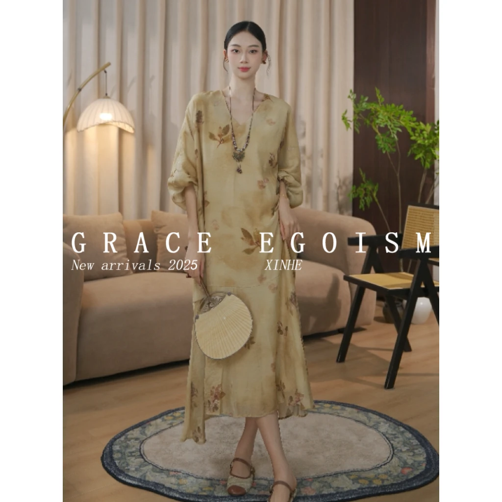 金禾【金禾专属】夏季国风中式水墨印花慵懒风连衣裙3333