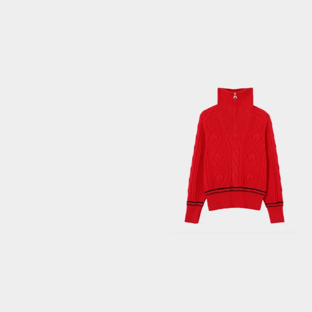 T·Z*46秋冬高领拉链设计感百搭毛衣时尚羊毛红色长袖针织衫-3022