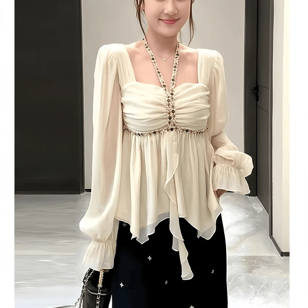 大码法式方领挂脖雪纺衬衫秋季2025新款胖mm遮肉显瘦小衫别致上衣