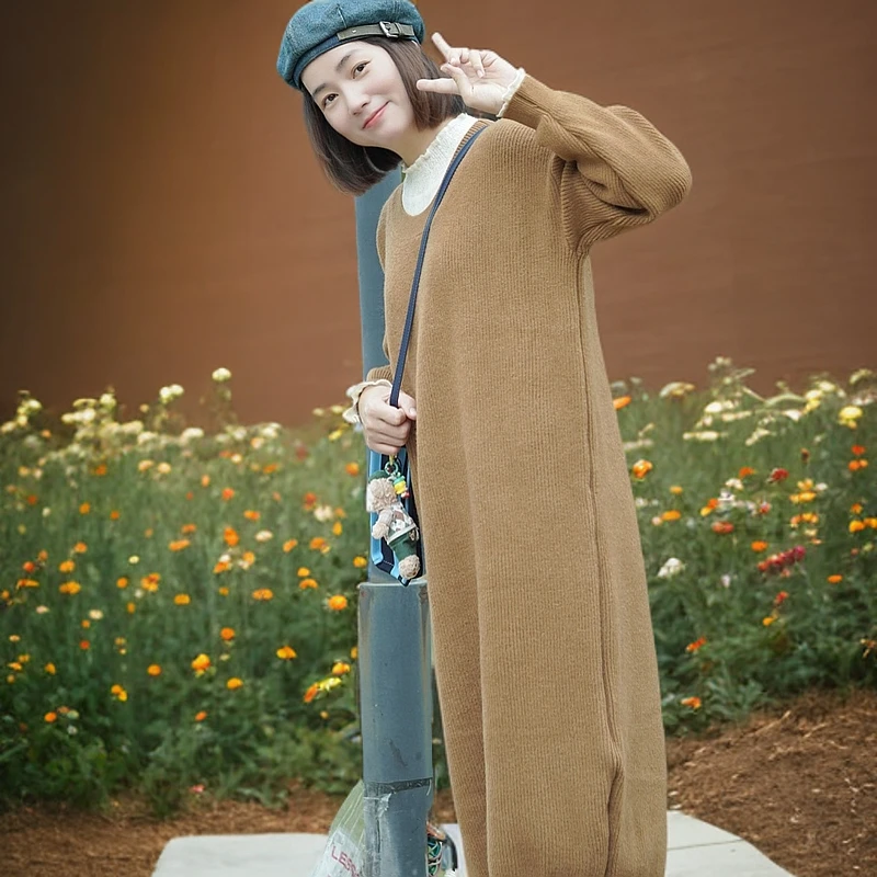 软糯打底毛衣裙女秋冬新款过膝长袖宽松内搭针织连衣裙长裙L718