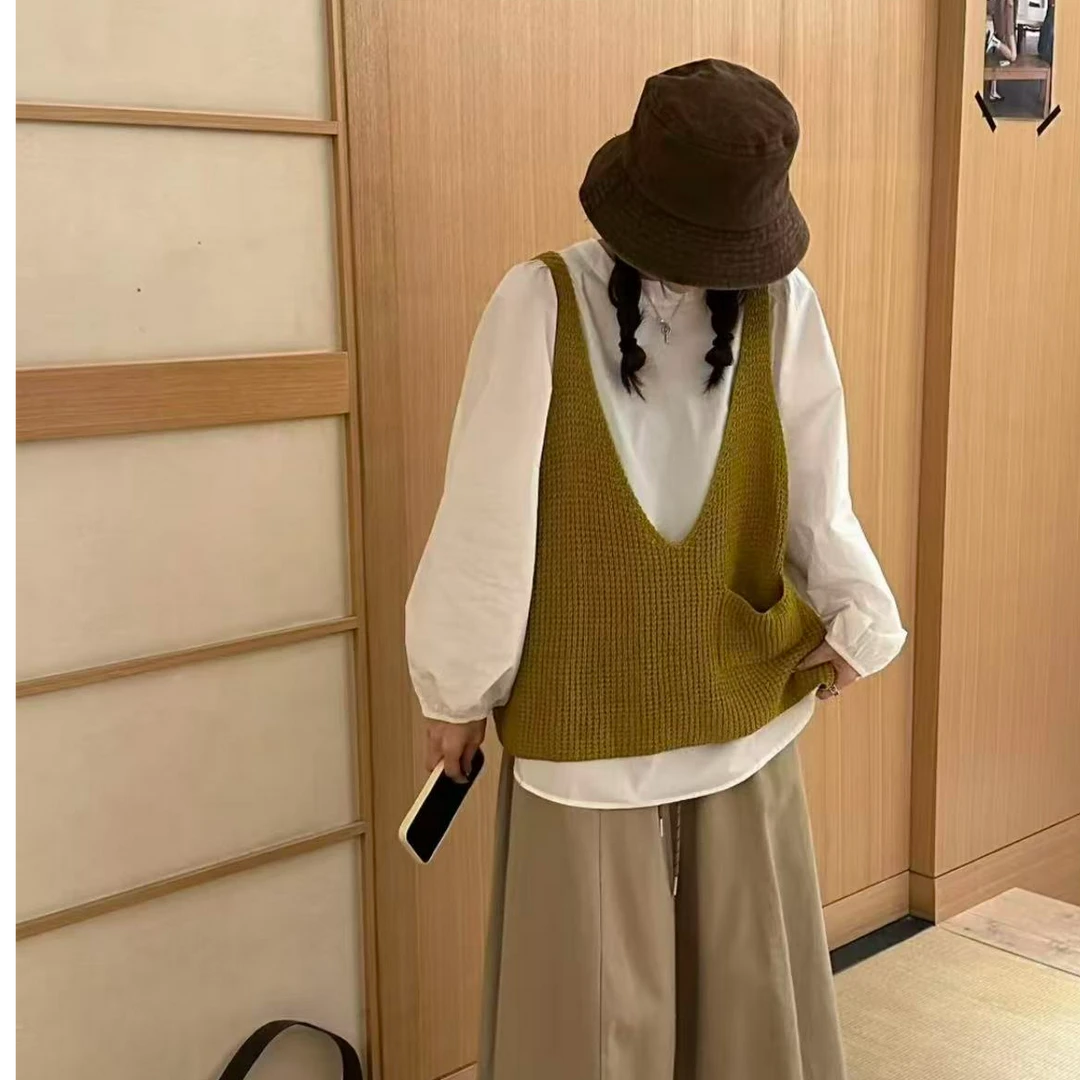 减龄针织马甲衬衫两件套上衣女2025年新款宽松叠穿早秋氛围感穿搭