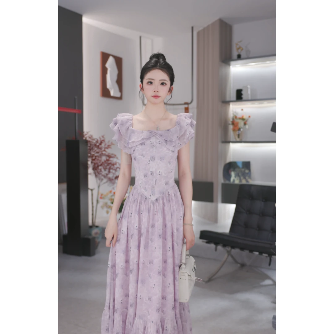 晓西-紫色新款法式显瘦收腰气质夏季连衣裙-B5155K