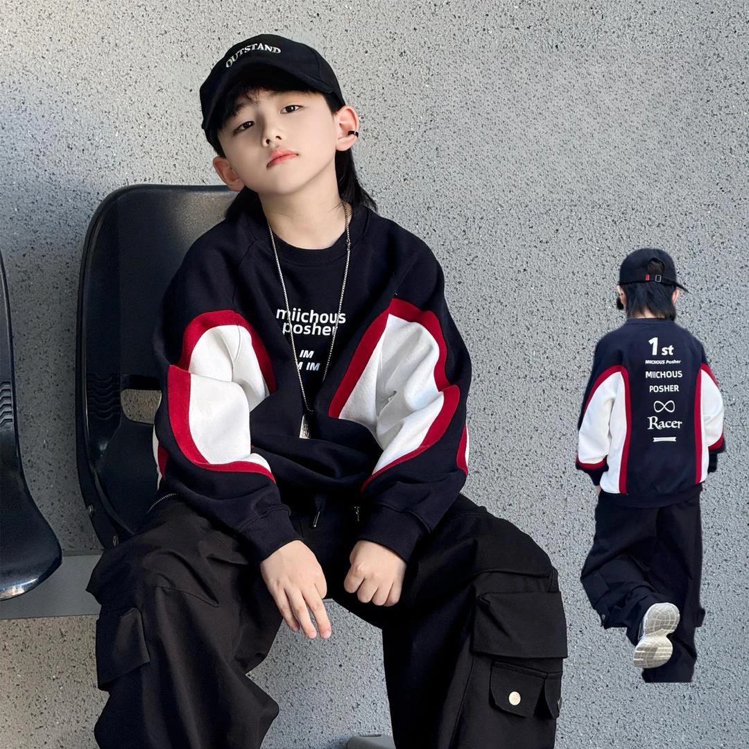 男童卫衣儿童秋装上衣2025秋季新款洋气黑红白经典字母宽松打底衫