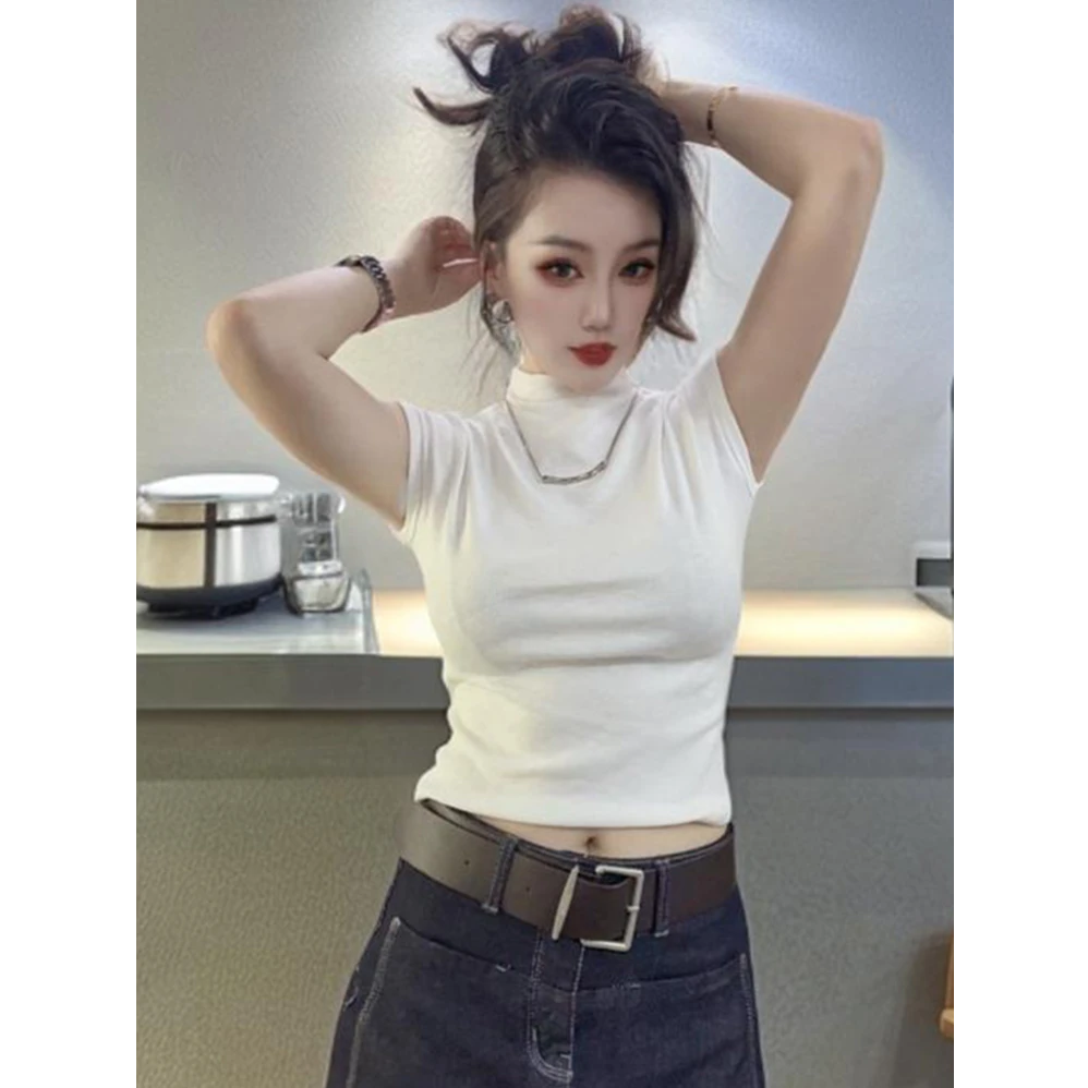 2025夏季新款半高领时尚正肩洋气短袖T恤女装修身显瘦高级感上衣