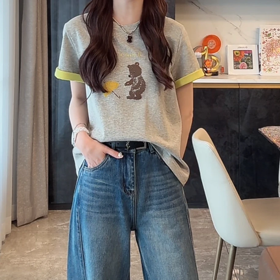 撞色小熊上衣女2025新款春夏时尚圆领短袖设计感减龄卡通撞色t恤