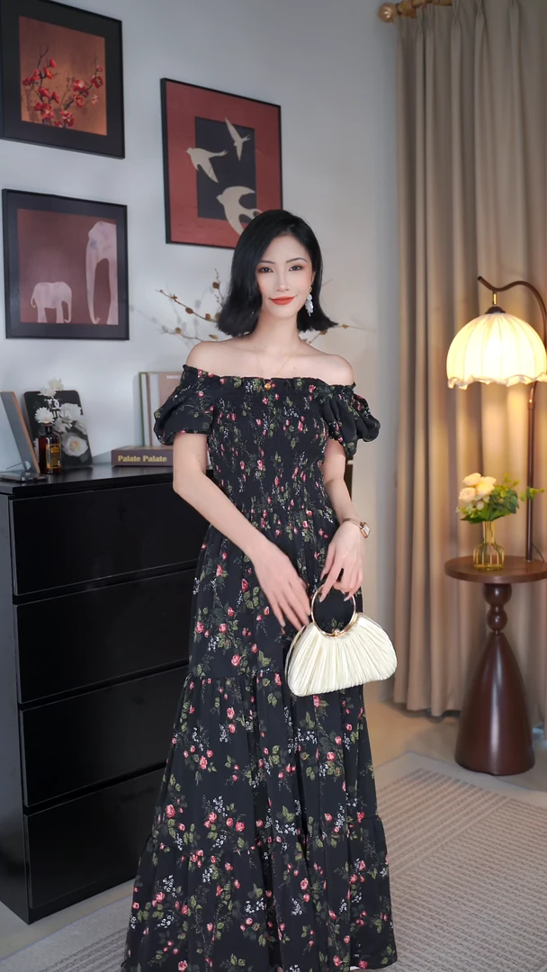 【997】法式一字肩修身海边沙滩长款碎花夏季薄款女士连衣裙