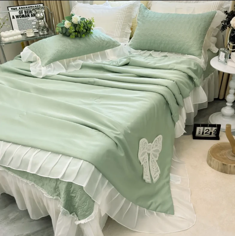 夏季凉感丝【薄荷绿】柔滑蝴蝶结系列夏凉被裙边单夏被（200*230）-S