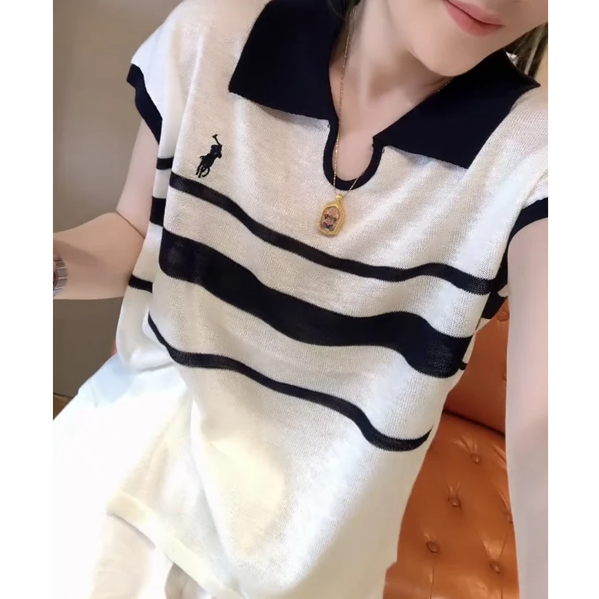 今年夏天流行穿搭2025新款爆款气质简约减龄百搭条纹polo领上衣