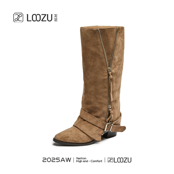 【LOOZU】2025龙足女鞋新款牛京平跟方头时装靴 184228-13