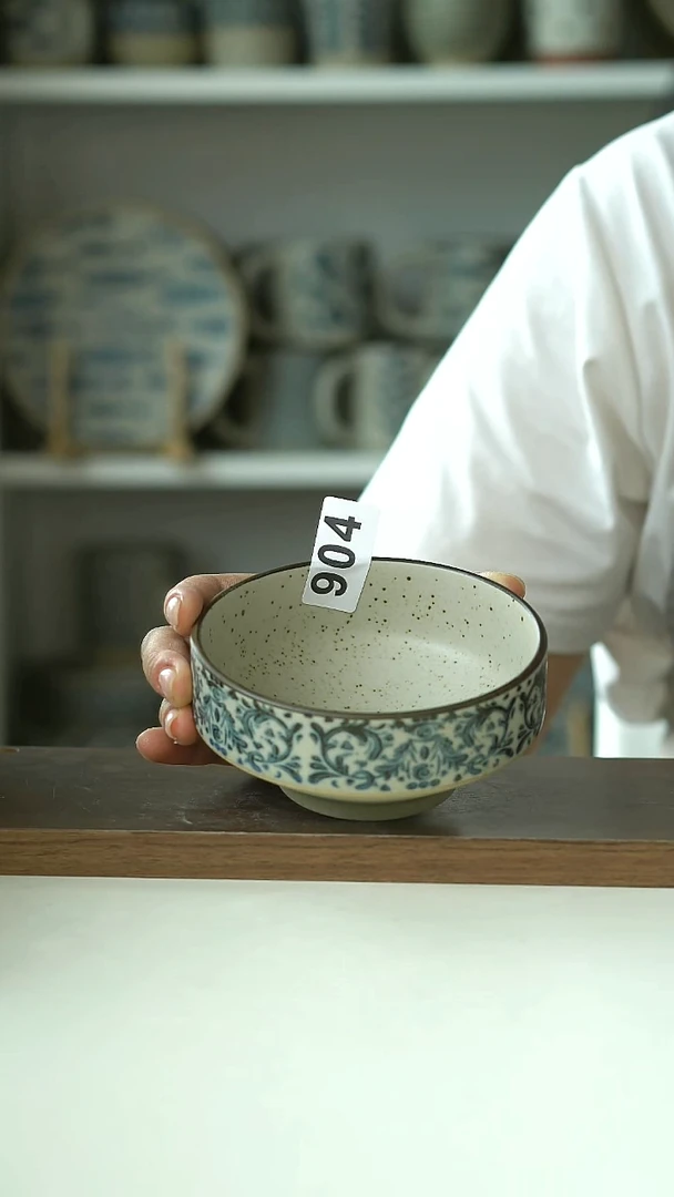 904微瑕粗陶手绘鸢尾花高足甜品碗11cm@4-2@