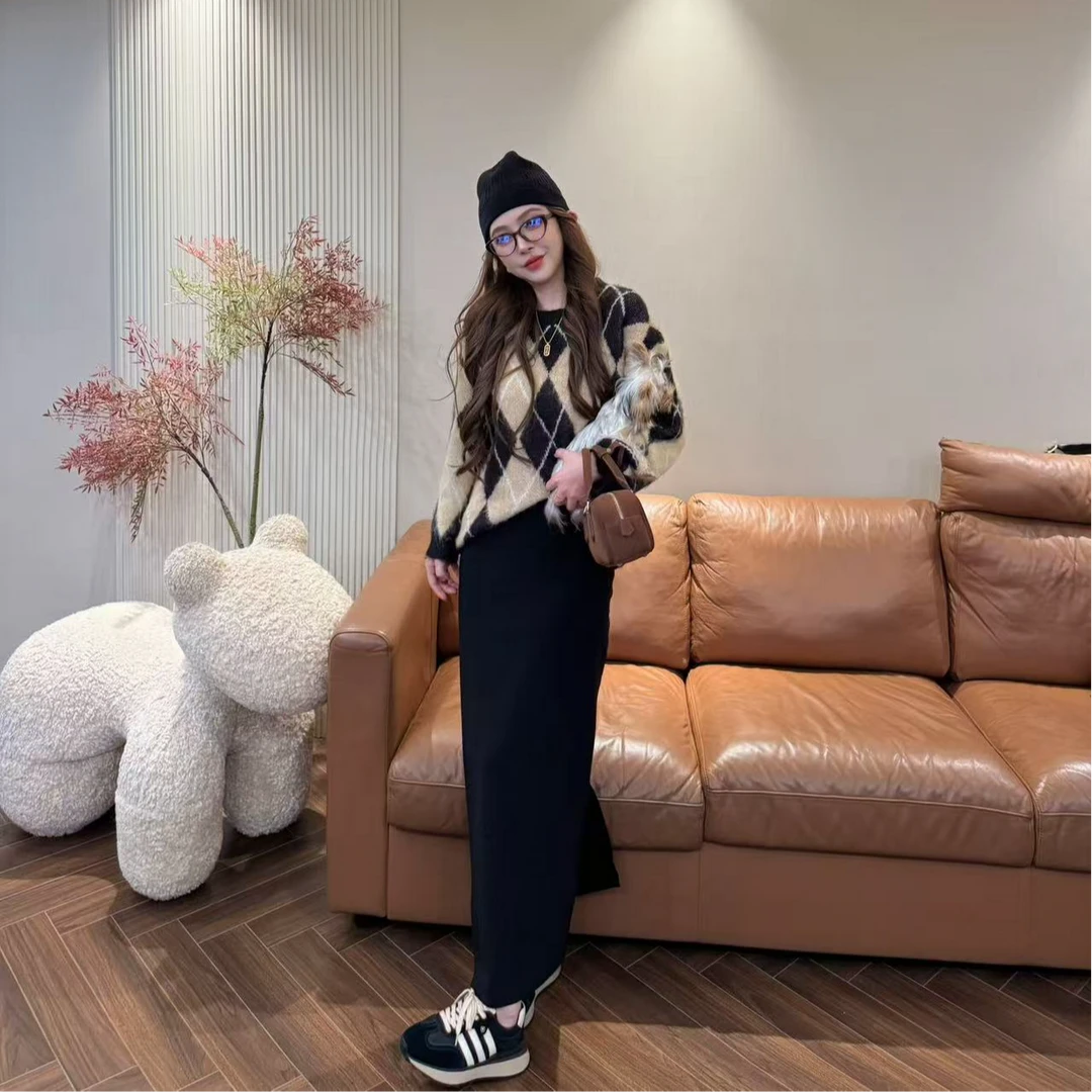 J8  韩系复古撞色菱格设计慵懒软糯宽松针织上衣 EJ0808