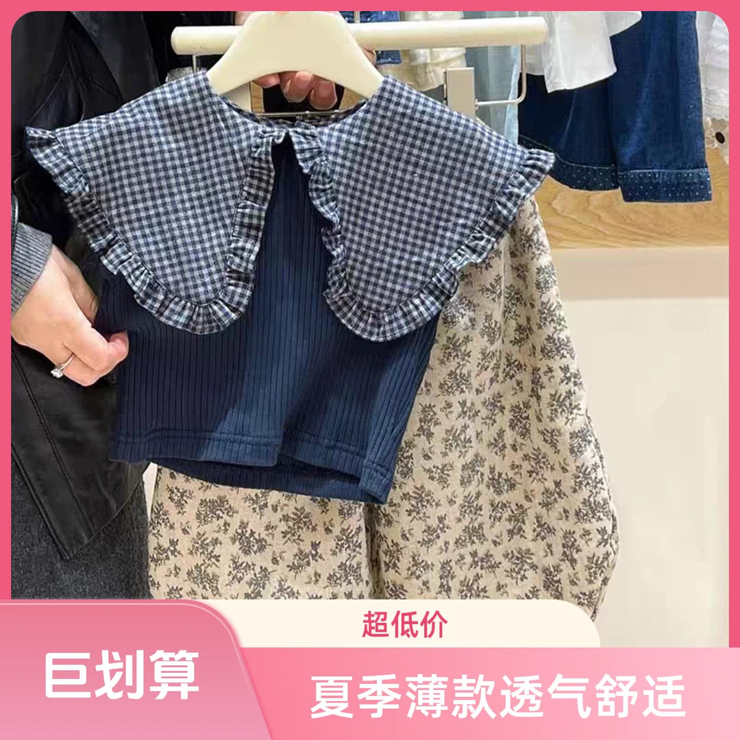 夏季女童套装薄款文艺韩版学院风套头女套装女童娃娃领翻领通勤风