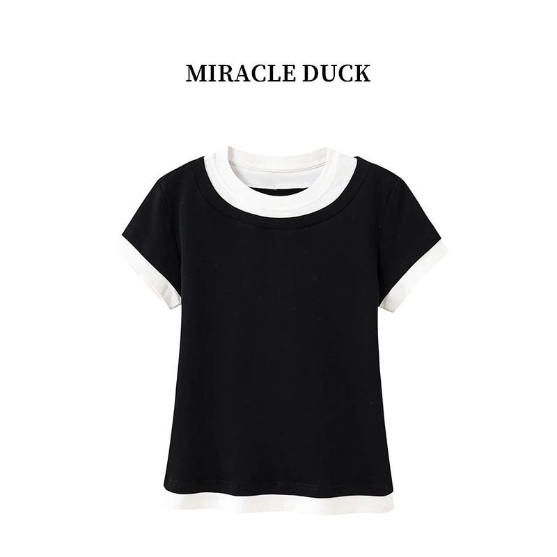 2号【黑白T恤】夏季时尚休闲黑白拼接假两件短袖女装T恤C1574