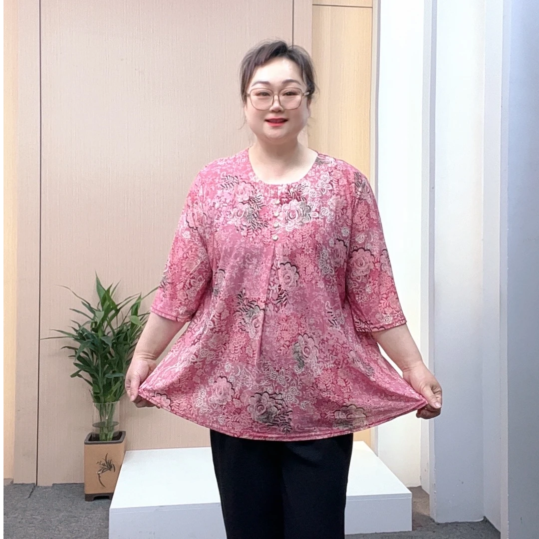 春夏新款中袖小花圆领百搭显瘦休闲加大码妈妈装上衣小衫