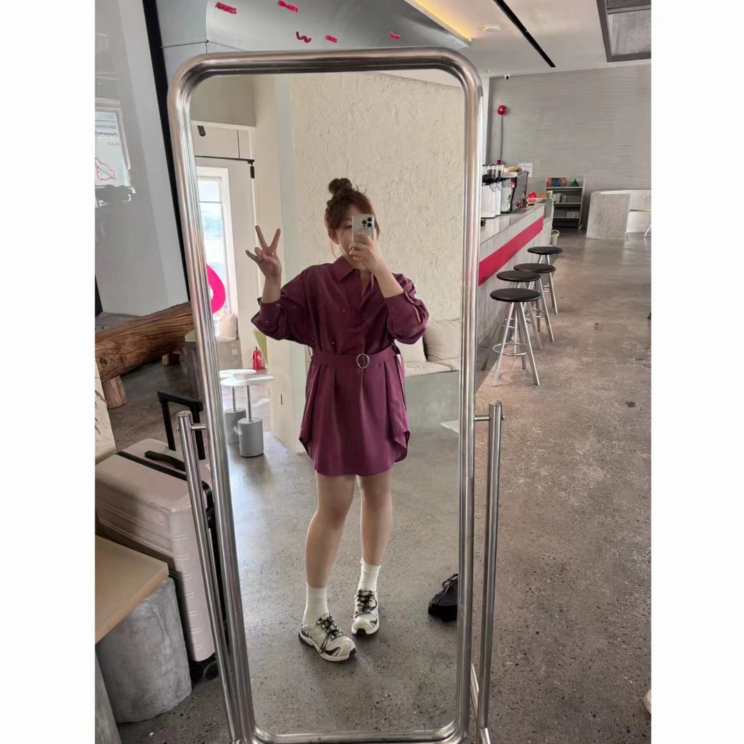 晶咕【时光定格】纯色POLO领收腰系带衬衫裙女装连衣裙气质时尚