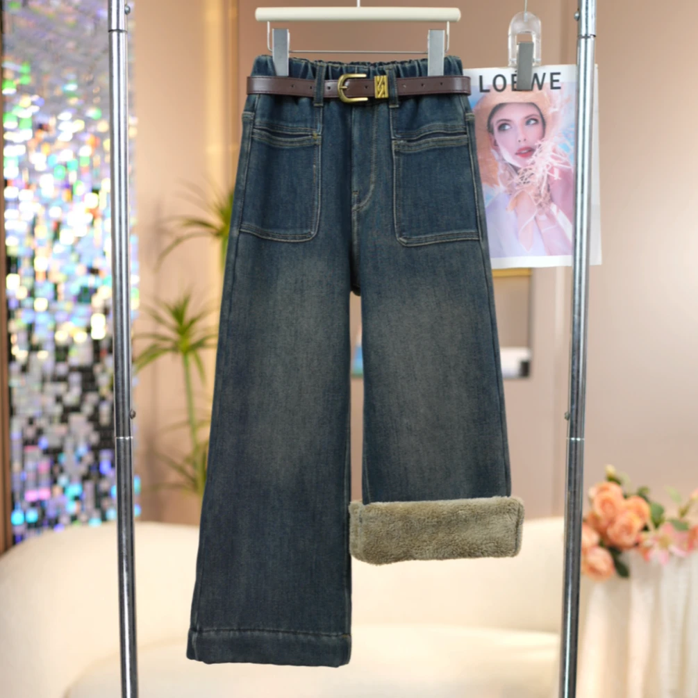女童【特厚糕糕绒】拼接口袋牛仔裤2025冬季新款中大童加绒直筒裤子