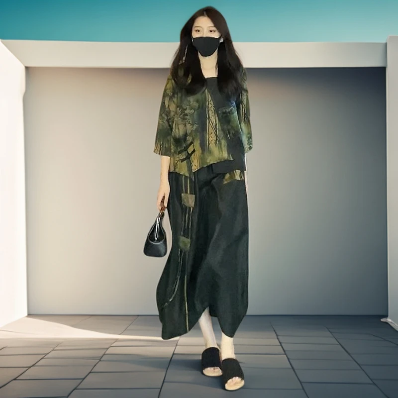时尚显瘦连衣裙2025夏季新款女印花宽松上衣+半身裙两件套装气质