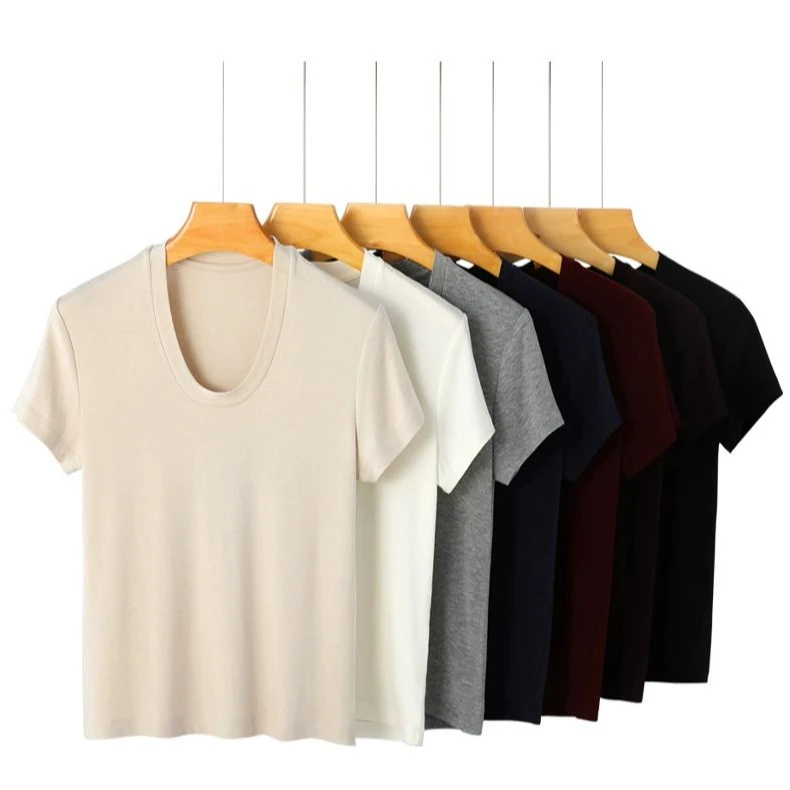 夏季2025新款软糯天丝羊毛短袖T恤女洋气修身莱赛尔正肩短袖t恤女