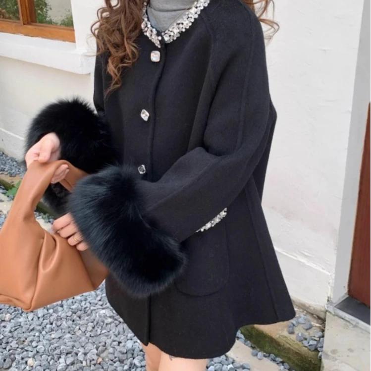 中长款外套印花大衣网红短款毛呢外套秋冬A版长款FF3339