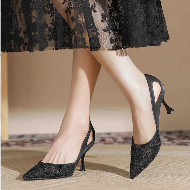 法式尖头细跟蕾丝凉单鞋女士2025新款夏季配裙子透气气质高跟鞋女
