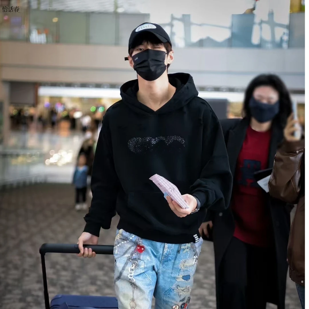 破洞重磅纯棉套头【GOD碎钻】卫衣帽衫，男女同款