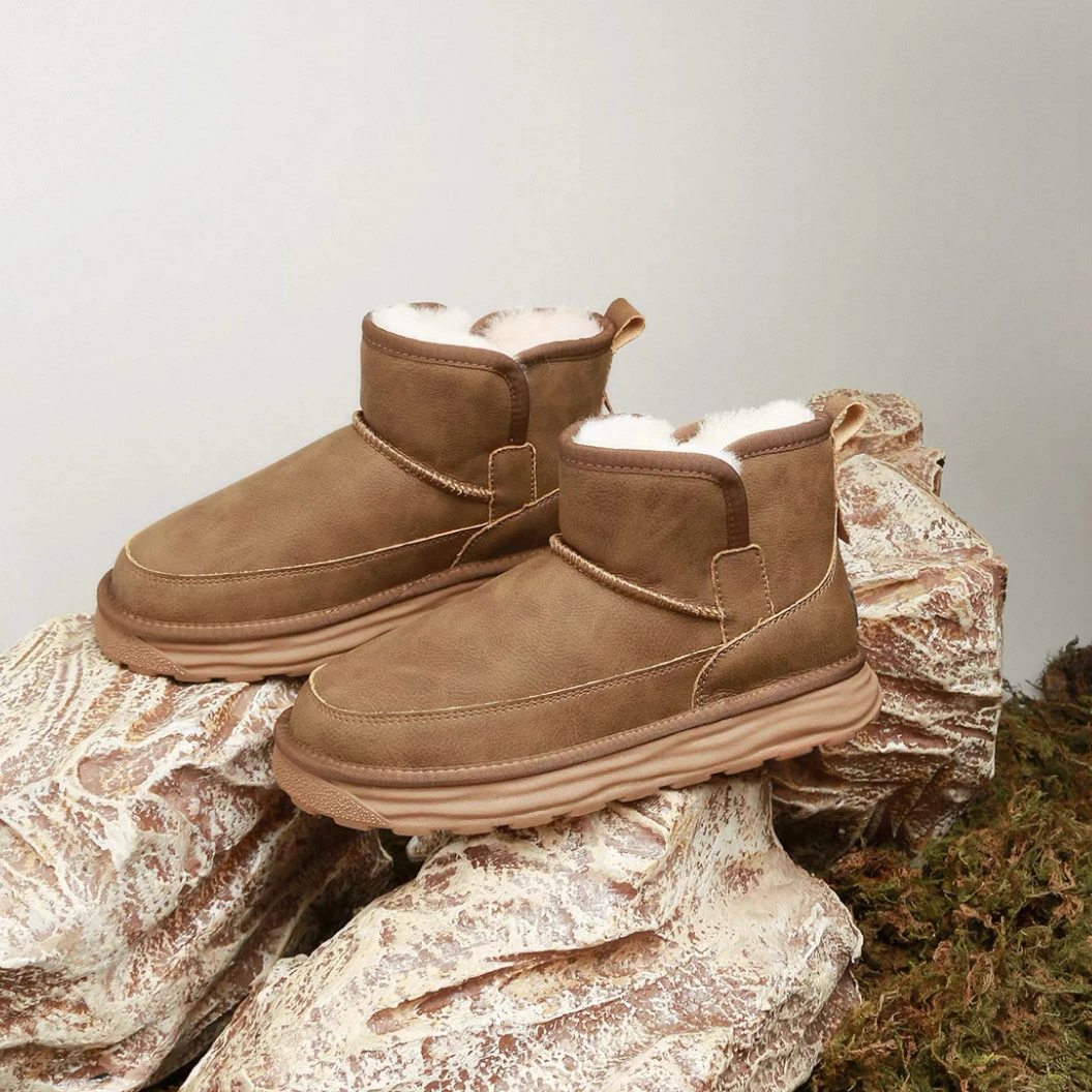 3cm羊皮毛一体防水防滑保暖厚底冬季一脚蹬短靴雪地靴男款棉鞋