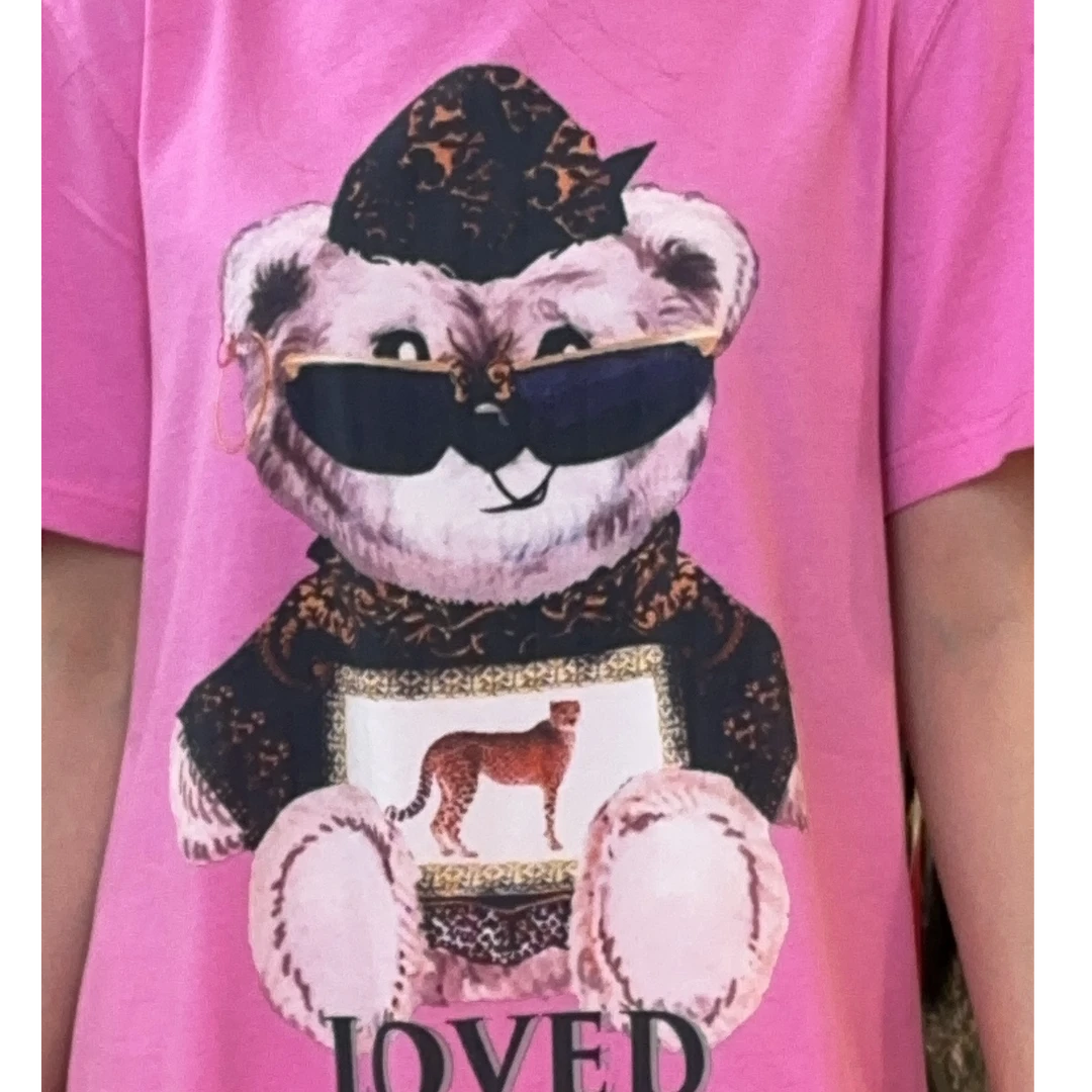 TCH轻奢粉色小熊纯棉印花圆领宽松时尚短袖T21310C6032私服tch