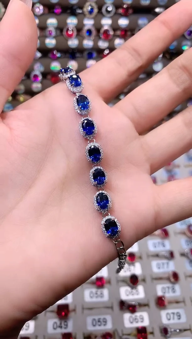 蓝宝石手链银S925镶嵌银色