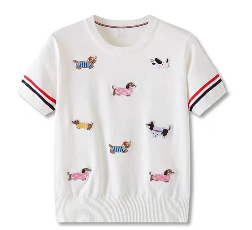 【蕾姐】学院风设计感满身小狗彩条圆领针织短袖033087-3-白色