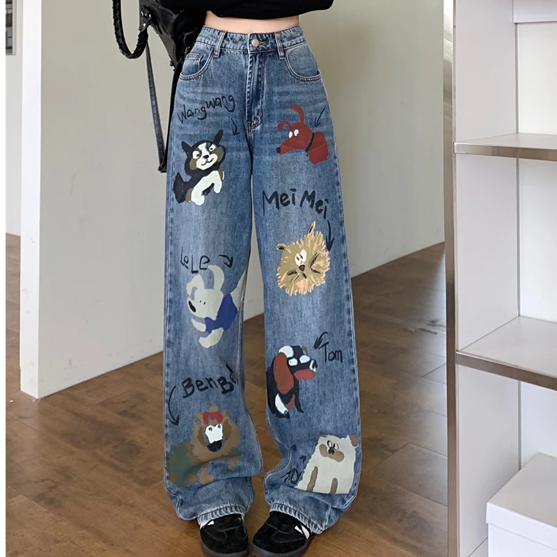 卡通印花水洗百搭牛仔裤新款高腰显瘦直筒裤子