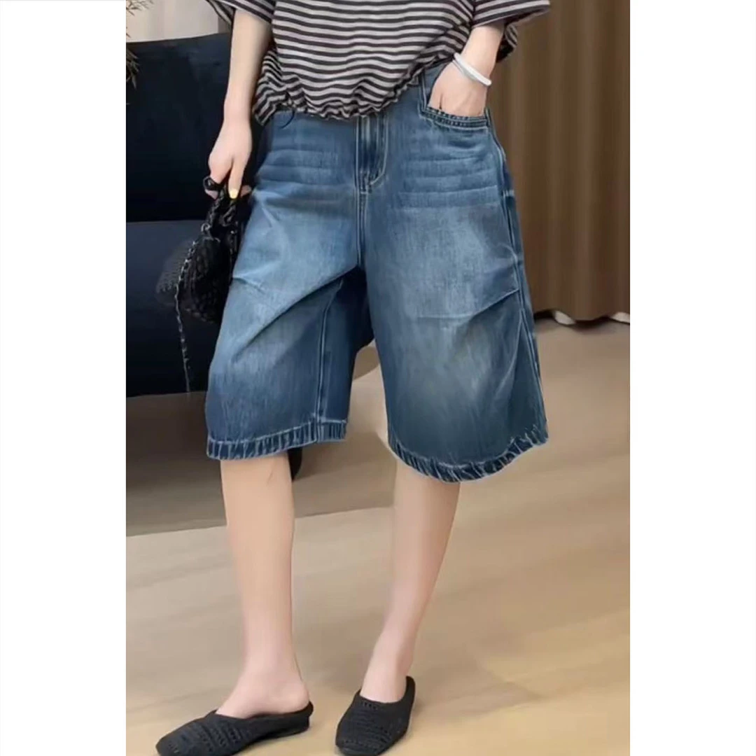艾塔莉高腰常规丹宁风夏季薄款阔腿裤牛仔裤五分裤阔腿百搭透气女