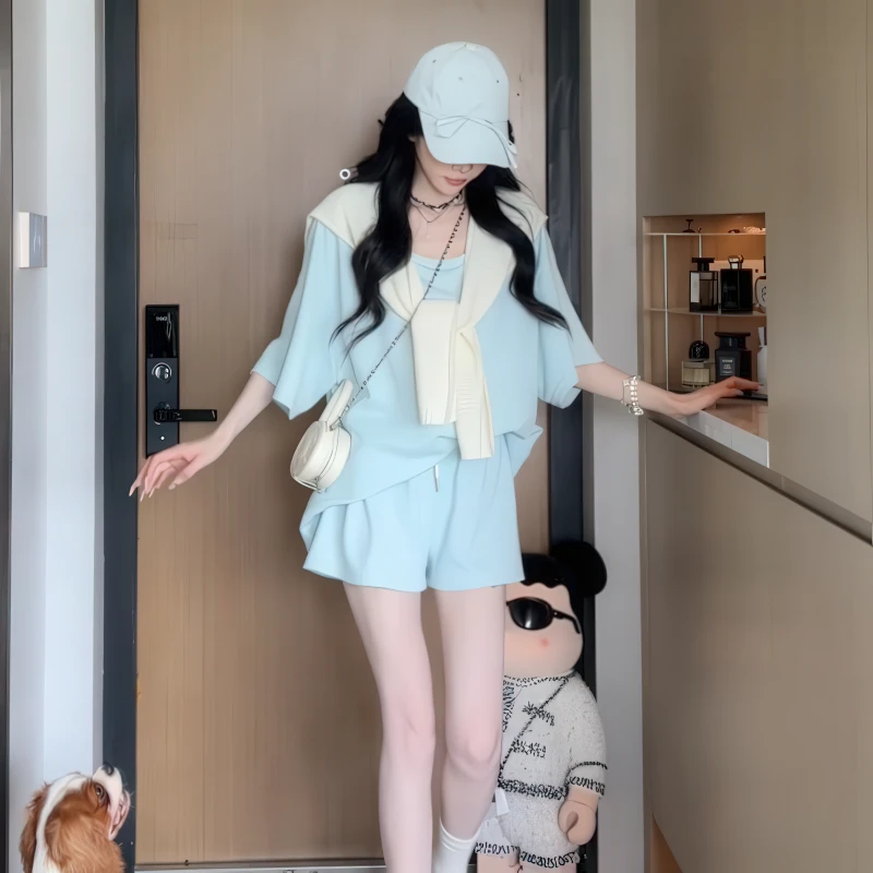 慵懒休闲风短袖两件套2025夏季大码胖MM高腰减龄纯色短裤女士套装
