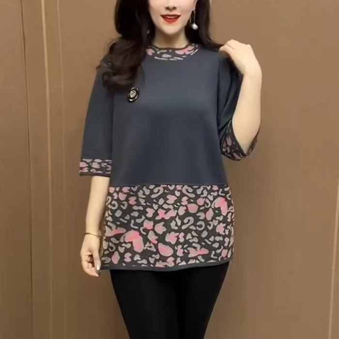 复古风碎花拼接女装针织衫2025新款宽松显瘦夏款中袖中老年妈妈装