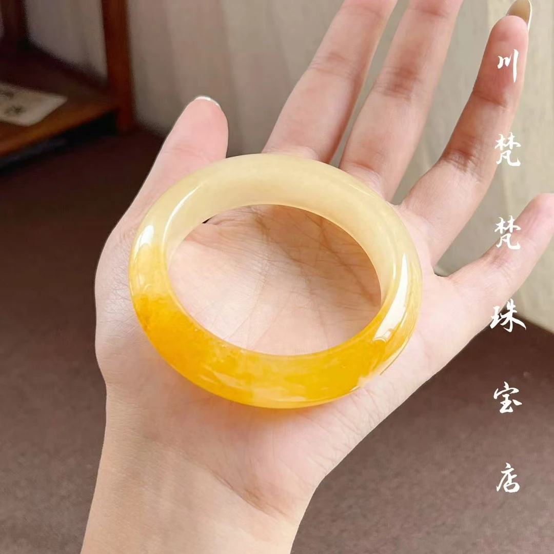 纯天然黄龙玉手镯一口糖玛瑙手镯飘糖色玉手镯扁条黄色玉镯送礼